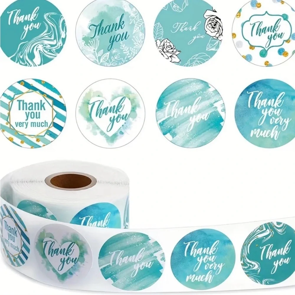 500- Thank You Stickers Roll - Teal and White